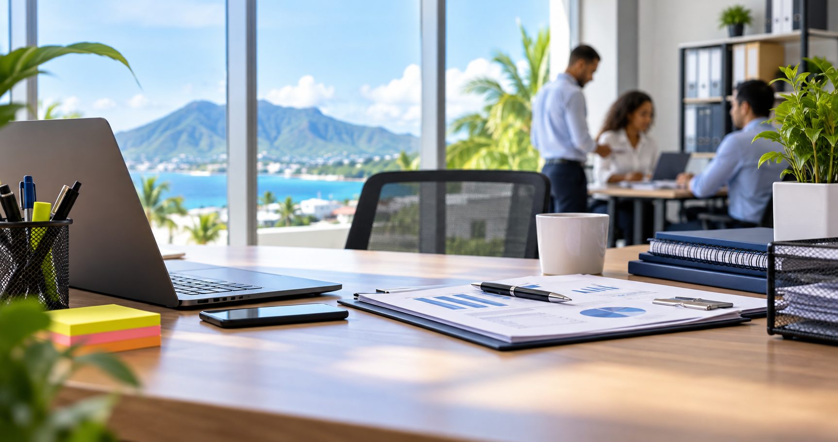 Un poste de travail Isleden Pro, vue sur l'outre-mer
